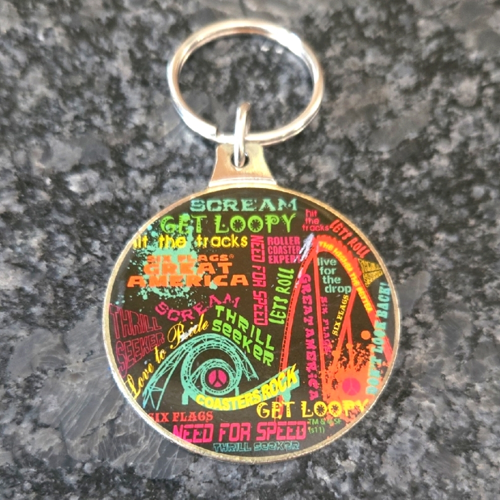 Six Flags Great American "Get Loopy" Rollercoaster Design Round Metal Keychain